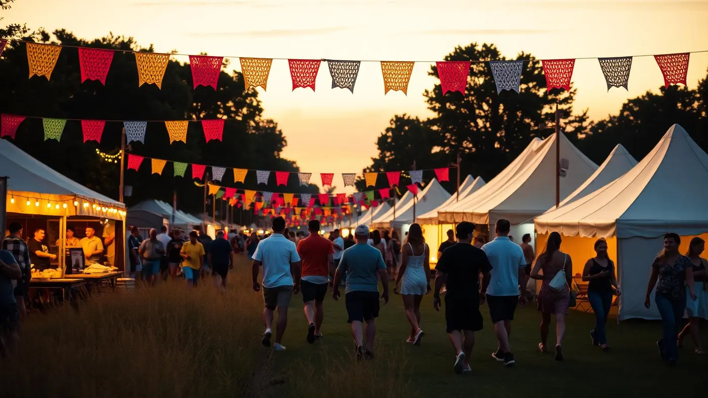 Festival ao ar livre ao entardecer com bandeirolas e tendas