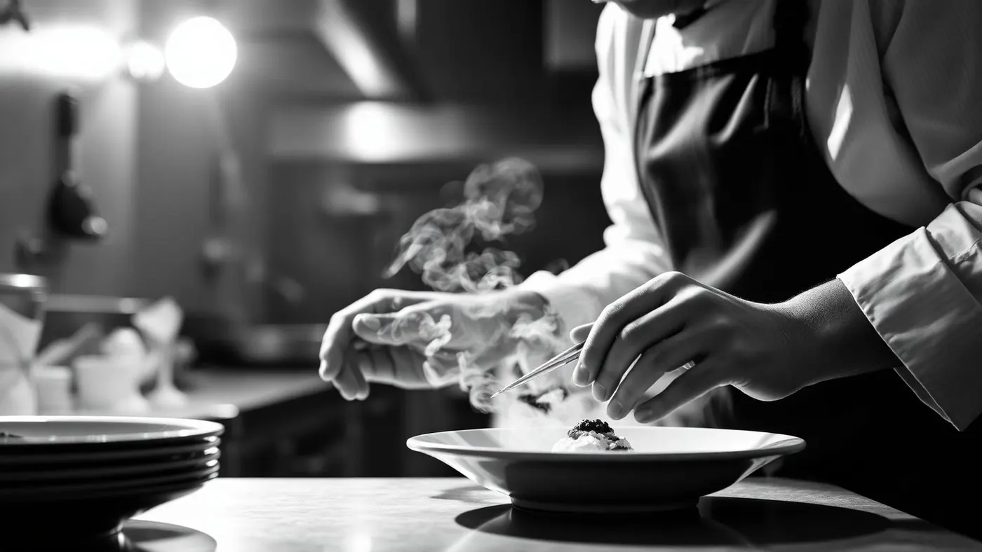 Chef finalizando prato em cozinha de restaurante