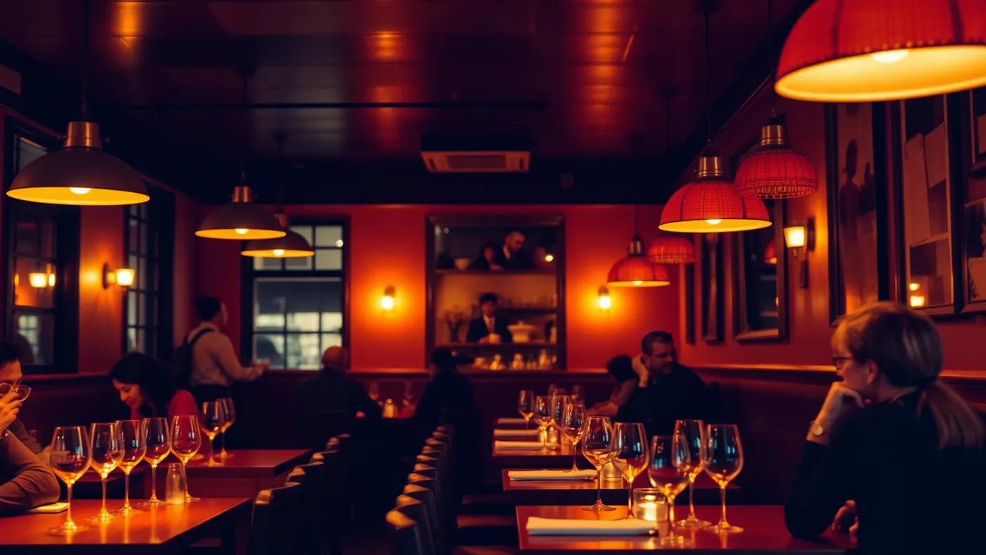 Salão de restaurante íntimo iluminado por pendentes quentes