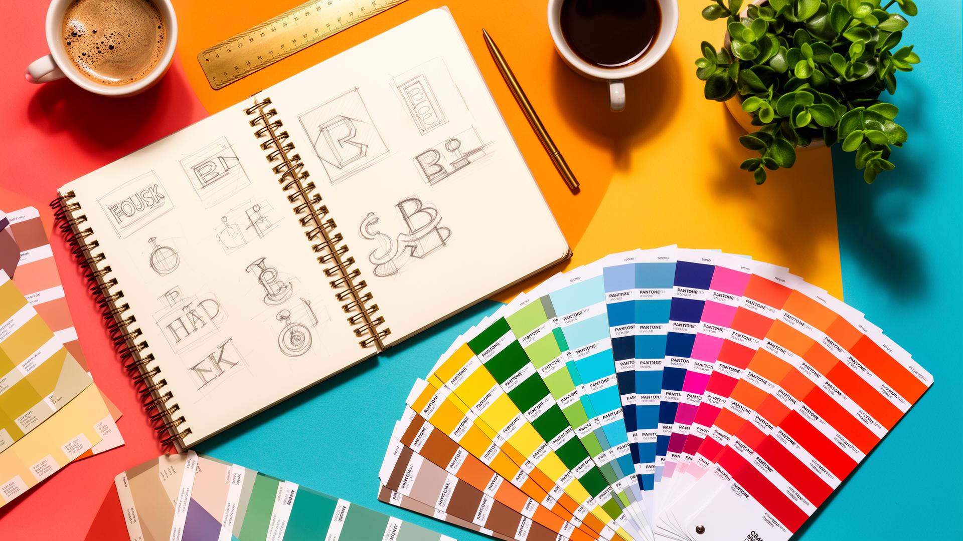 Workspace de designer com paletas de cor e caderno de marca